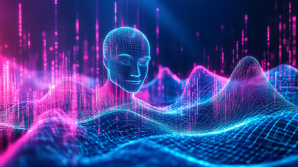 Poster - synthetic mind of abstract neural networks. science and technology innovation. neon strings of wavy 