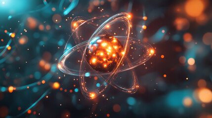 Poster - Nuclear physics. Scientific concept. Genious idea. Breakthrough research. 3D illustration of an atom on nanotechnology background