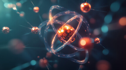 Poster - Nuclear physics. Scientific concept. Genious idea. Breakthrough research. 3D illustration of an atom on nanotechnology background