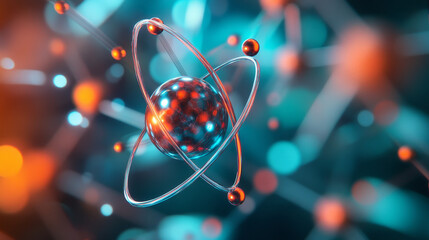 Poster - Nuclear physics. Scientific concept. Genious idea. Breakthrough research. 3D illustration of an atom on nanotechnology background