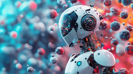 Poster - Atomic structure. Scientific breakthrough. Nanotechnology and artificial intelligence. Innovations in cybernetics 3D illustration