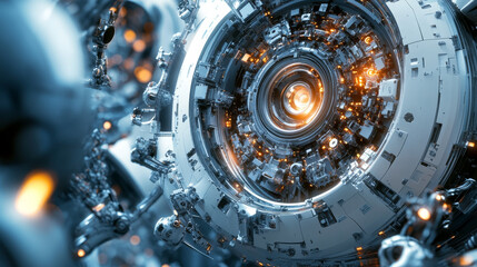 Poster - Atomic structure. Scientific breakthrough. Nanotechnology and artificial intelligence. Innovations in cybernetics 3D illustration