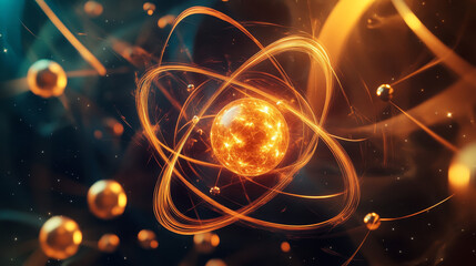 Poster - Atom 3d illustration. Basis of universe. Particle of God, First Matter. Study of structure of universe. Hadron Collider and Future Technologies