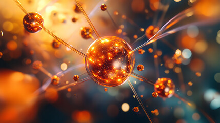 Poster - Atom 3d illustration. Basis of universe. Particle of God, First Matter. Study of structure of universe. Hadron Collider and Future Technologies