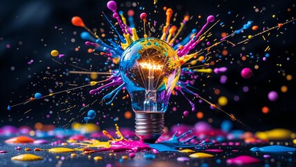 Poster - Bright light bulb bursting with colorful paint splashes in creative explosion captured indoors