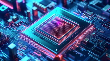 Poster - Futuristic processor, CPU 3D illustration. A quantum computer is a global digital network. Processing and storage of big data in modern cyberspace