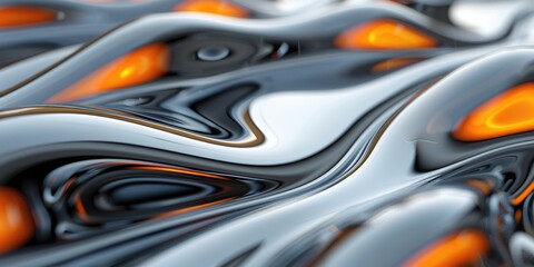 Poster - Abstract liquid metal and orange fluid shapes with reflective surfaces. Background image of digital 3D rendering of abstract pattern made from metallic material. Digital art for futuristic art. AIG51.