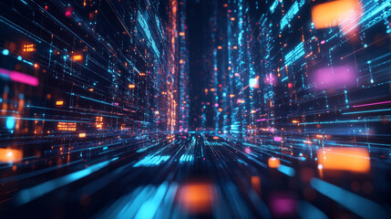 Poster - hi-tech background 3d illustration. cyber field in neon rays, big data array and techno innovation. 