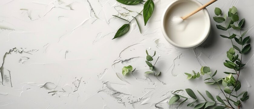 Flat lay composition of notebook, coffee, and green tropical leaves on a minimal background. Creative workspace and nature concept. Top view of paper and stationary with floral decoration. AIG55.