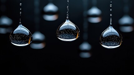 Poster - Group of water drops forming beautiful patterns with vivid reflections on a smooth surface