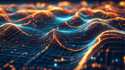 Poster - Blockchain, high-tech background and information clusters. Bigdata concept of digital cyberspace. Quantum Architecture 3D Illustration