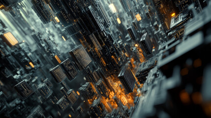 Poster - Blockchain, high-tech background and information clusters. Bigdata concept of digital cyberspace. Quantum Architecture 3D Illustration