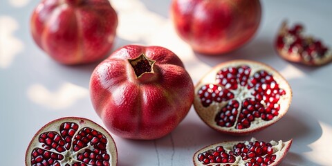 Poster - fresh pomegranates are displayed on a table with sliced fruit showcasing vibrant red seeds during da