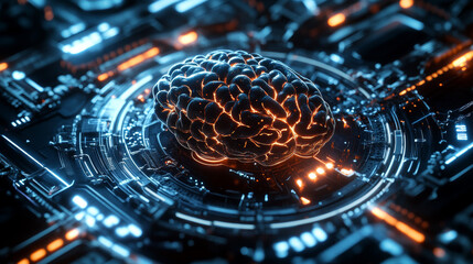 Poster - AI concept. Sci-fi 3D illustration. Digital brain, mind and intertwining of synthetic neurons. Electrical impulses in a synthetic neural network. High technologies in world of future