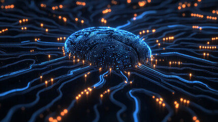 Poster - AI concept. Sci-fi 3D illustration. Digital brain, mind and intertwining of synthetic neurons. Electrical impulses in a synthetic neural network. High technologies in world of future