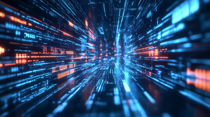 Poster - cyber hi-tech. futuristic big data stream. motion of digital data flow. data transmission channel 3d