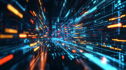Poster - cyber hi-tech. futuristic big data stream. motion of digital data flow. data transmission channel 3d