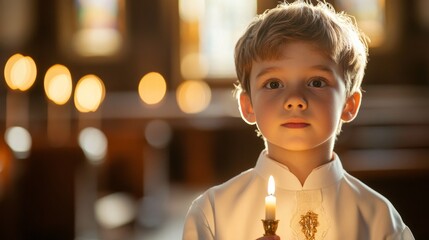 Poster - A young boy stands with a candle in hand, surrounded by a serene atmosphere within a church. Soft light filters through stained glass, creating a captivating scene of innocence and spirituality