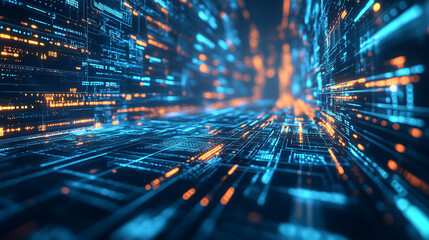 Poster - Futuristic data stream 3d illustration. Data transfer technology. Cyberpunk, Big data and cybersecurity. Cyberspace, blockchain transactions. Abstract technological background