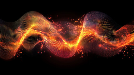 Poster - Hi-tech, sci-fi 3D illustration Abstract musical beat. Sound wave in field of big data particles. Dancing dots of a neural network in a nanotechnology cyberspace project. Bokeh and bright LED flashes