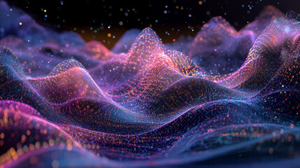 Poster - Hi-tech, sci-fi 3D illustration Abstract musical beat. Sound wave in field of big data particles. Dancing dots of a neural network in a nanotechnology cyberspace project. Bokeh and bright LED flashes