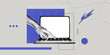 © accogliente - Trendy Halftone Collage Hand reaches for button on computer laptop. Type message. Online job and communication. Freelancers conference. Contemporary vector illustration art