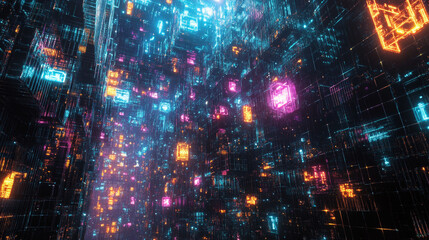 Poster - blockchain concept, business technology, big data, computing. cube, block, internet 3d illustration