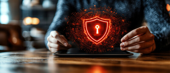 Aufkleber - person interacts with tablet, showcasing glowing shield symbolizing cybersecurity and data protection. warm ambiance enhances focus on digital security