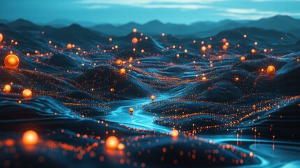 Poster - Abstract representation of a landscape with glowing orbs and structures