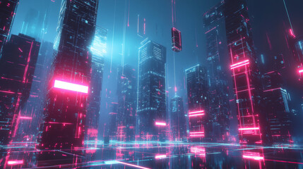 Poster - global information network over an abstract night city. blockchain technology. 3d illustration of in