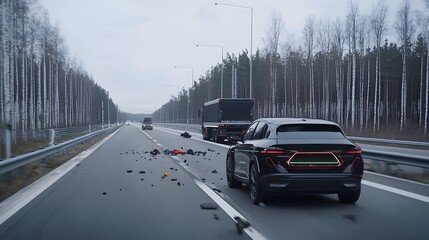 Poster - A self driving electric vehicle equipped with advanced lidar sensors navigating safely through a wintry landscape detecting and avoiding road debris in real time without the need for human oversight
