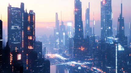 Poster - Cyber city. Digital technology and Bigdata. Blockchain network and artificial intelligence. 3D illustration of urban space in a new smart reality