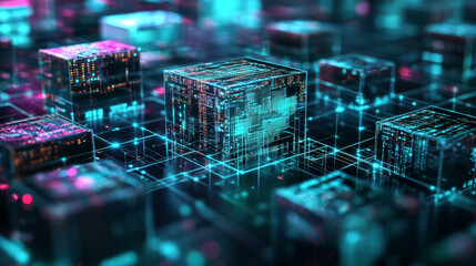 Poster - blockchain technology. information blocks in digital space. decentralized global network. cyberspace