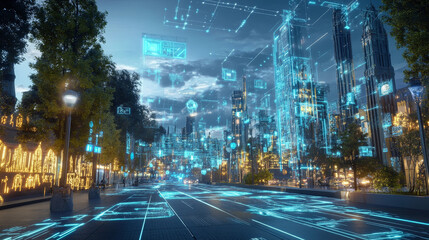 Poster - Cyber city. Digital technology and Bigdata. Blockchain network and artificial intelligence. 3D illustration of urban space in a new smart reality