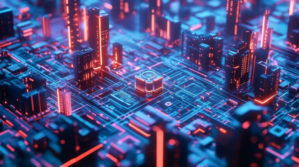 Poster - Cyber city. Digital technology and Bigdata. Blockchain network and artificial intelligence. 3D illustration of urban space in a new smart reality