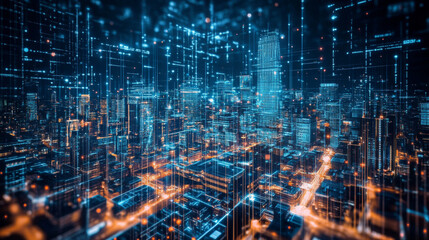 Poster - Cyber city. Digital technology and Bigdata. Blockchain network and artificial intelligence. 3D illustration of urban space in a new smart reality