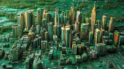 Poster - cyber city and techno future of global information stream. 3d illustration of space computer circuit