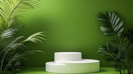Poster - A modern minimalist display scene featuring a white pedestal against a vibrant green background with lush tropical plants. Ideal for creative presentations.