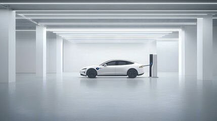 Poster - An electric vehicle autonomously parking itself in a fully automated sensor guided underground smart garage with a sleek minimalist design and advanced charging capabilities