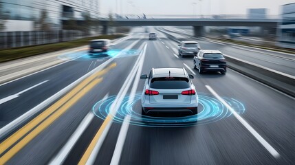 Aufkleber - Futuristic scene of autonomous electric vehicles seamlessly navigating a highway while communicating with intelligent road infrastructure for enhanced safety and efficiency