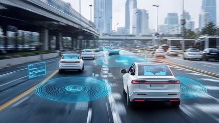 Poster - Futuristic scene of autonomous vehicles and digital traffic monitoring systems on a busy city street using advanced sensors and data analysis to improve mobility and safety