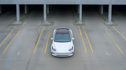 Poster - Overhead view of an electric vehicle EV scanning an expansive empty underground parking lot for an available spot among the parallel rows of yellow line markings