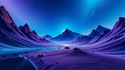 Wall Mural - Pixelated Purple Mountain Landscape Under Starry Night Sky with Crescent Moon and Tranquil Water