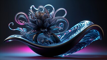 Poster - Intricate metallic flower sculpture on a reflective surface with colorful light effects in a creative art setting