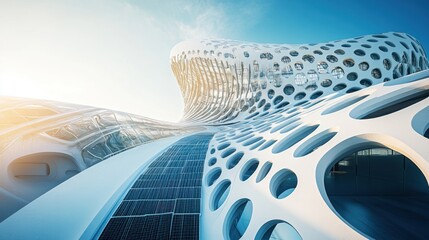 Poster - Futuristic architectural building with solar panels and curved shapes under sunlight