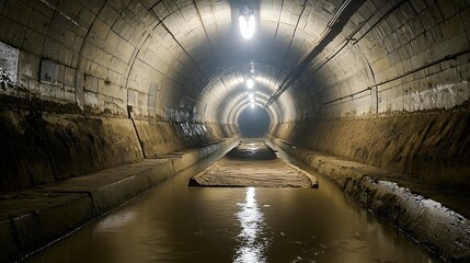 Aufkleber - A cavernous concrete lined underground tunnel stretching into the distance bathed in eerie lighting and evoking a sense of and discovery