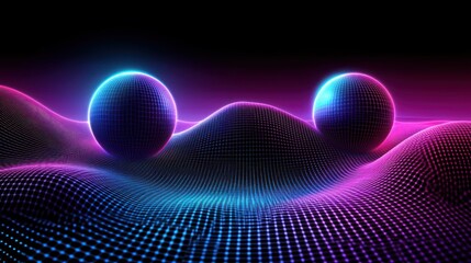 Fototapete - Two glowing spheres floating above a digitally rendered landscape