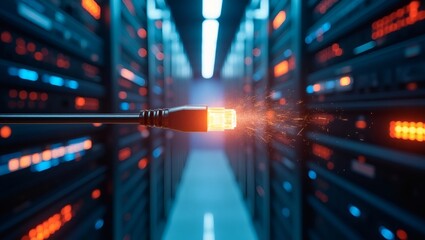 Poster - an ethernet cable transmitting data in a data center. A network cable with light coming out from it. Data transfer, Technology and communication concepts