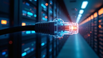 Poster - a close-up view of an Ethernet cable plugged into a server rack, symbolizing connectivity and technology