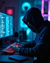 Poster - a hooded hacker focused on a computer screen, the scene conveys a sense of intrigue and technological manipulation.